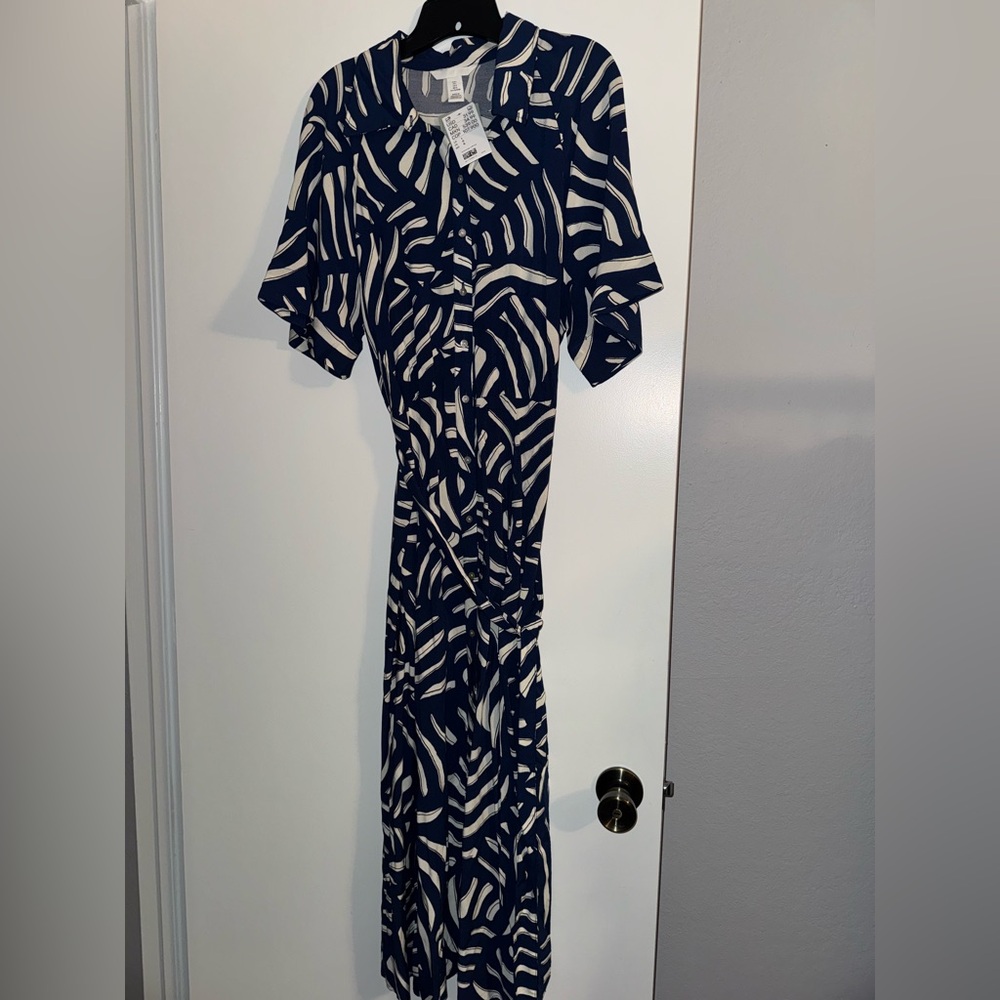 NWT H&M Blue and White Belt-Tie Shirt Dress